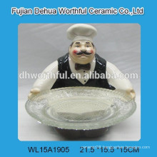 Ceramic chef cake plate w/ glass dish for kitchen